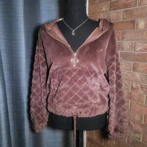 NWT! Crave Fame Women's Faux Fur 1/4 Zip Hoodie Jacket Brown - Size M (Juniors)